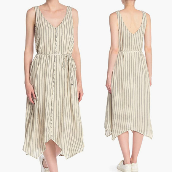 Splendid Tie Waist Midi Dress Asymmetrical Hem Size Extra Large Cream Black - Picture 1 of 10